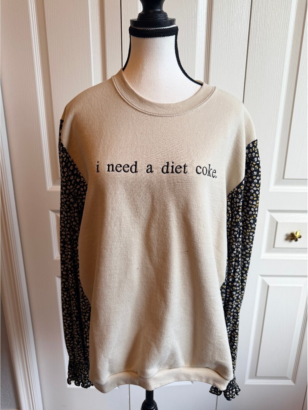 Beige Sweatshirt w/ Floral Print Sleeves & 'i need a diet coke.' embroidered